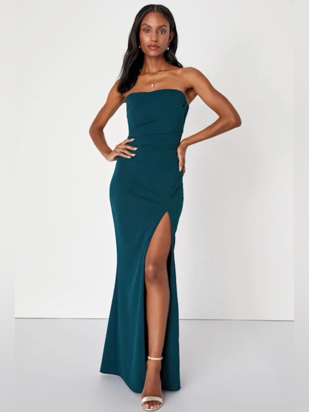 Lulus Marvelous Entrance Emerald Green Pleated Strapless Maxi Dress L NWT